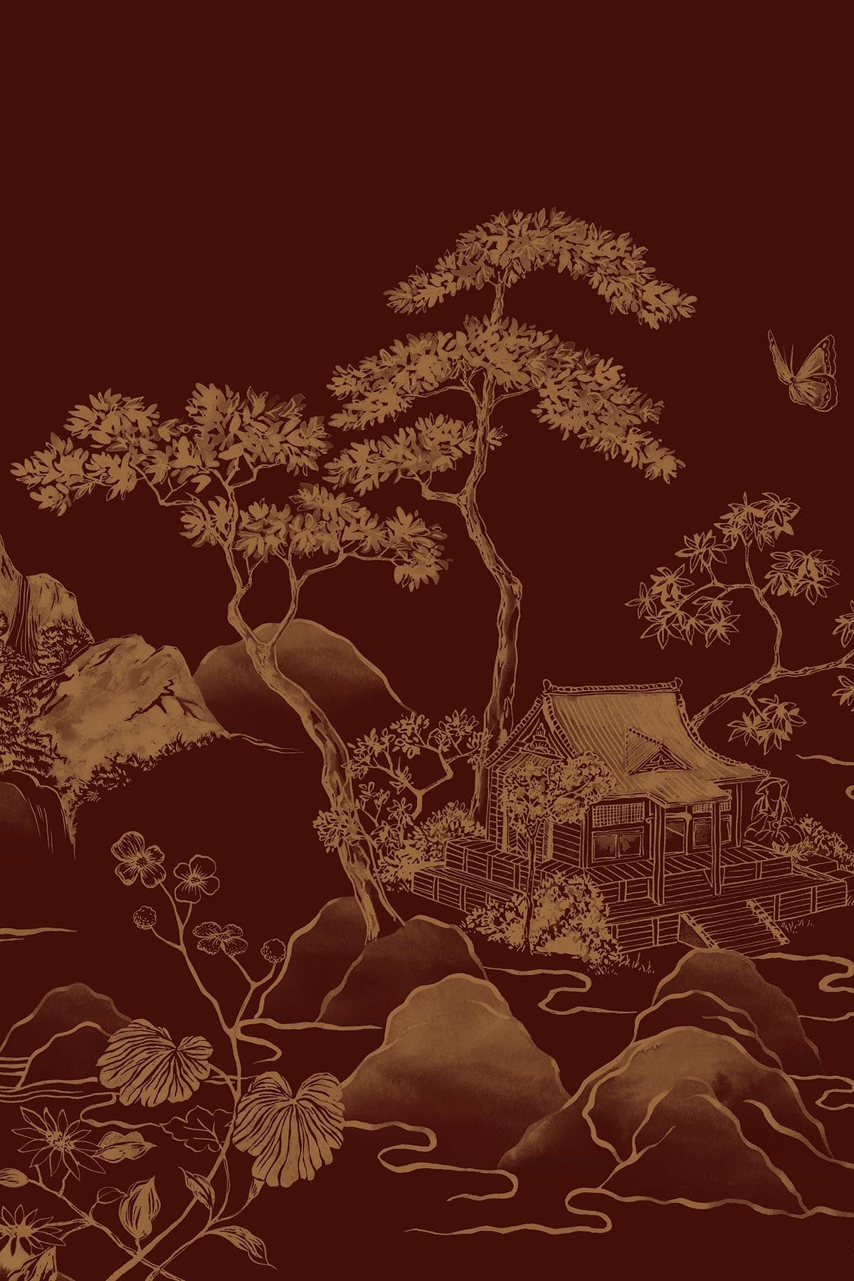  Asian Scenery Marsala Red