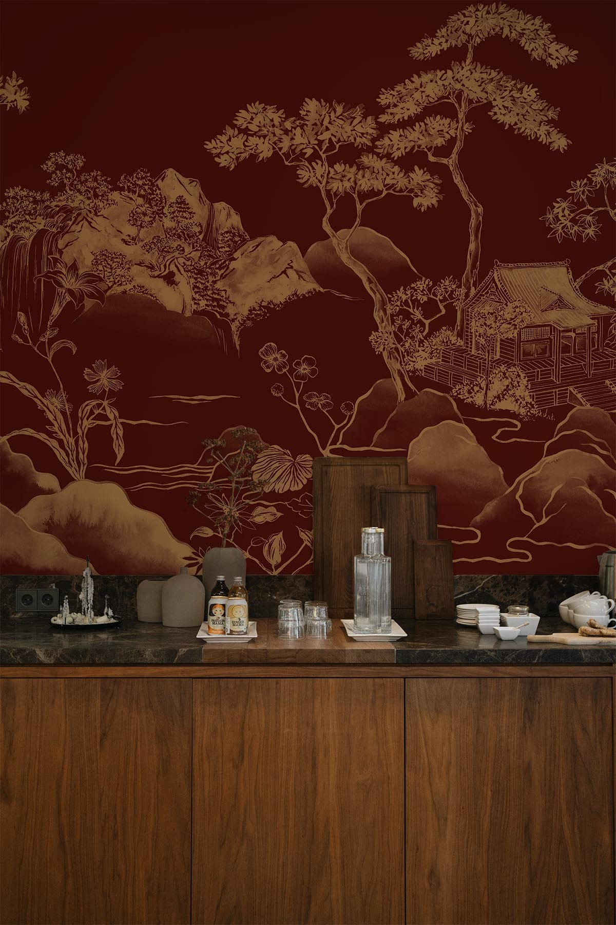  Asian Scenery Marsala Red