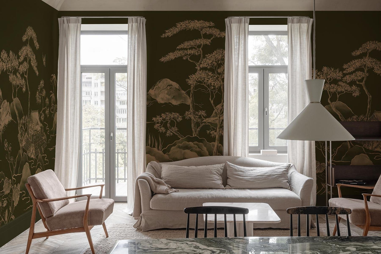  Asian Scenery Olive Green